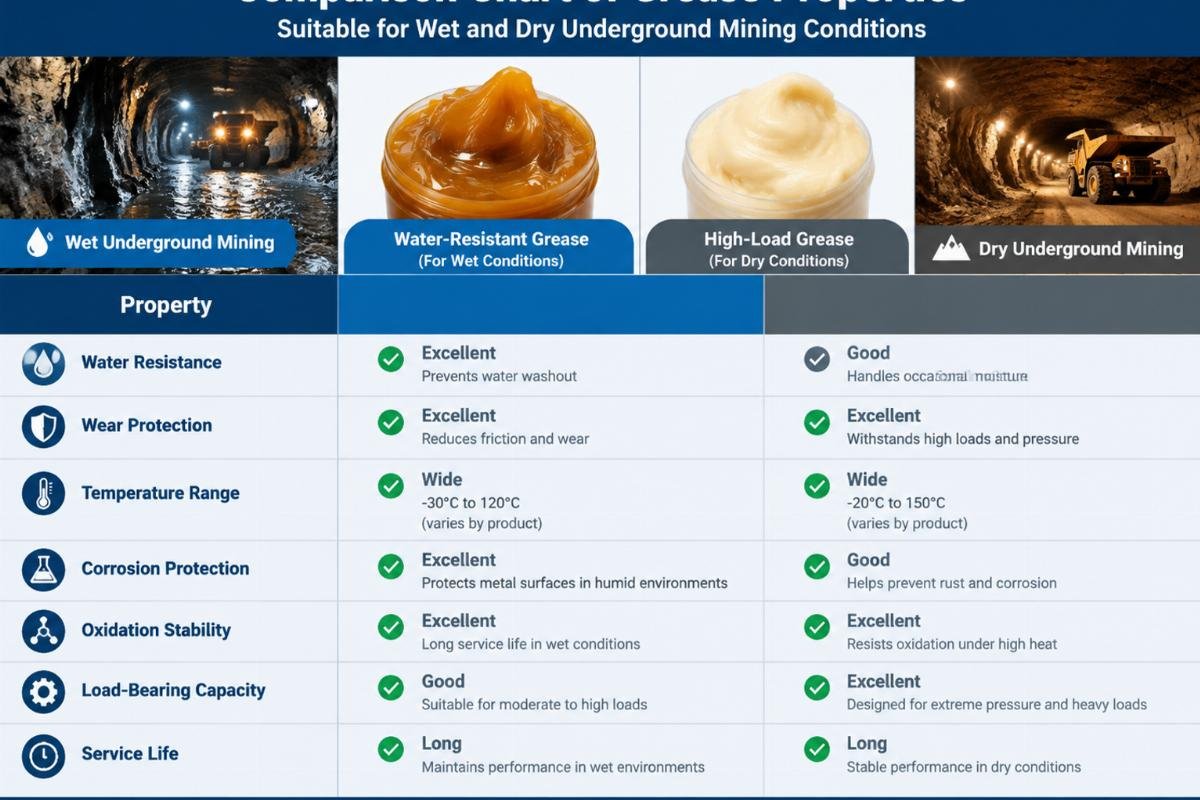 Comparison chart of grease properties suitable for wet and dry underground mining conditions