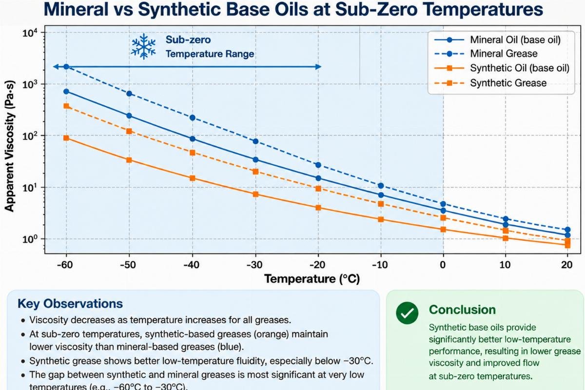Comparison chart of grease viscosity curves for mineral vs synthetic base oils at sub-zero temperatures