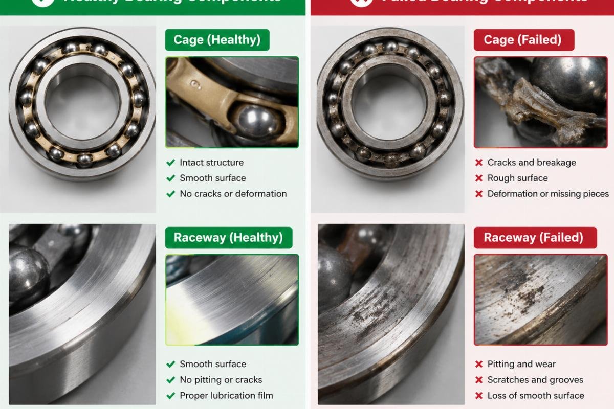 Comparison chart of healthy vs failed bearing components highlighting cage and raceway conditions