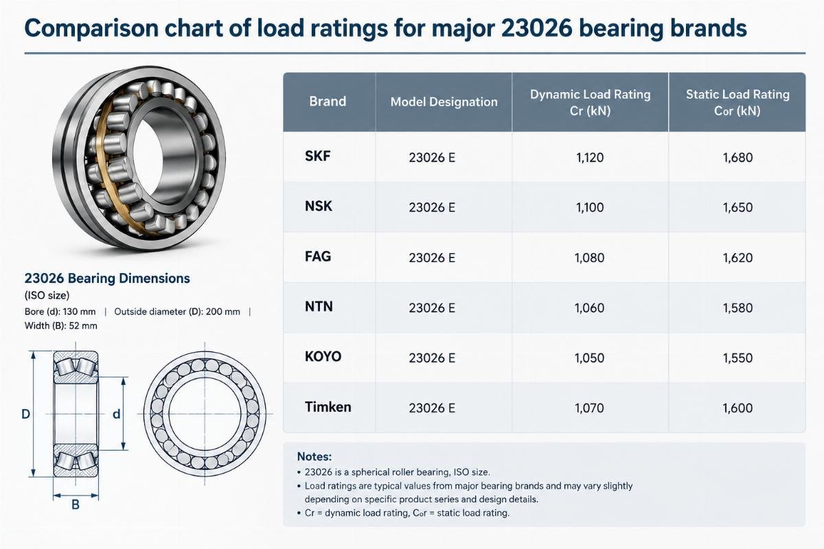 Comparison chart of load ratings for major 23026 bearing brands