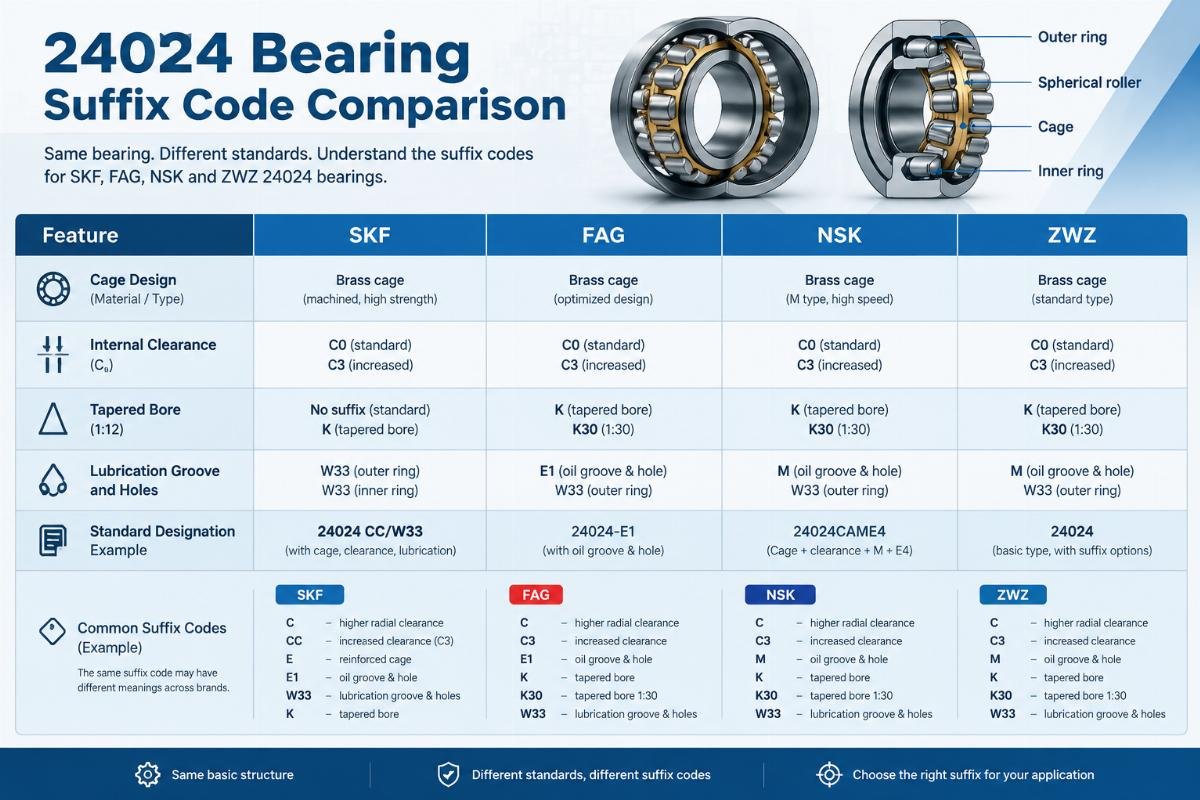 Comparison chart of suffix codes for 24024 bearings from SKF, FAG, NSK, and ZWZ