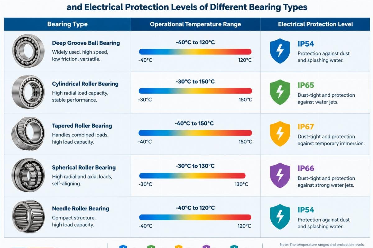 Comparison chart showing the operational temperature ranges and electrical protection levels of different bearing types