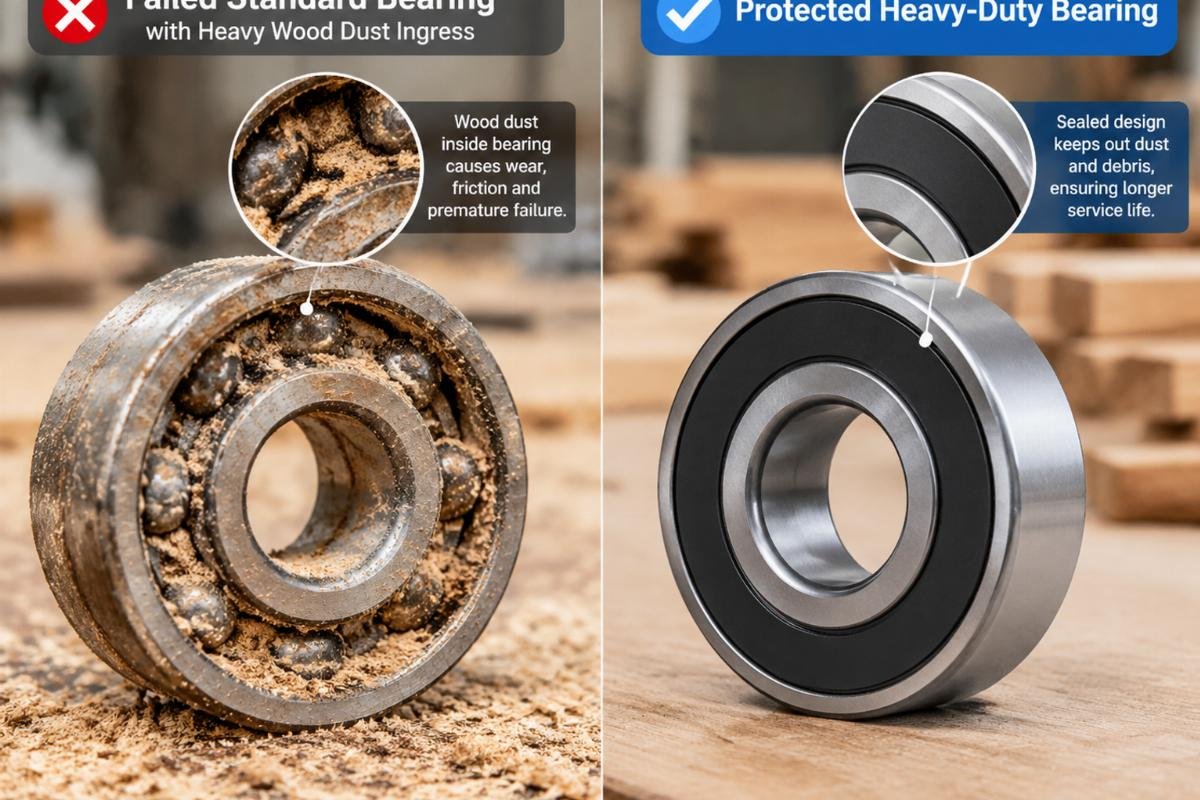 Comparison of a failed standard bearing with heavy wood dust ingress versus a protected heavy-duty bearing