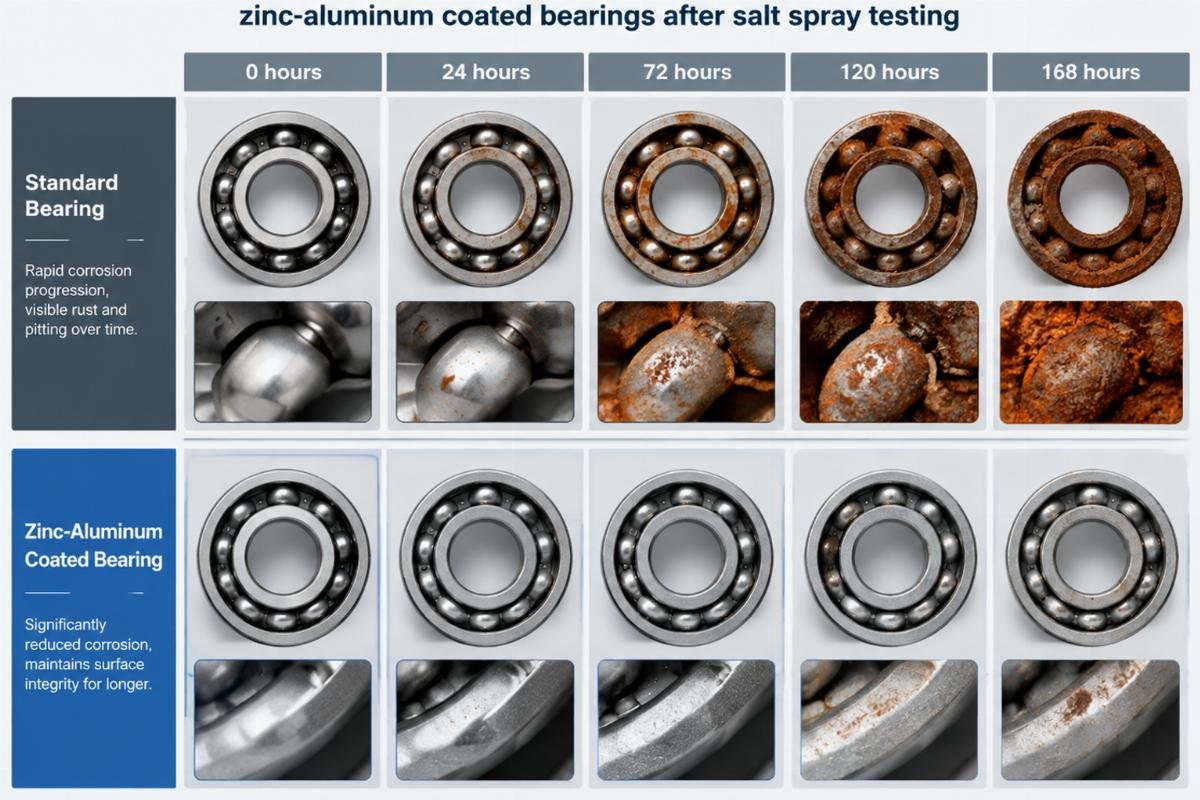 Comparison of corrosion progression on standard vs. zinc-aluminum coated bearings after salt spray testing