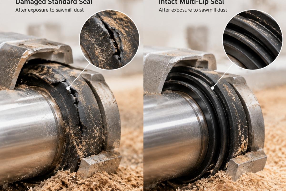 Comparison of damaged standard seal versus intact multi-lip seal after exposure to sawmill dust