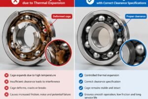 Comparison of failed bearing cage due to thermal expansion versus intact bearing with correct clearance specifications
