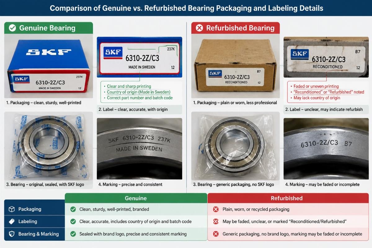 Comparison of genuine vs. refurbished bearing packaging and labeling details