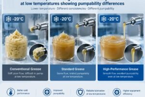 Comparison of grease consistency at low temperatures showing pumpability differences
