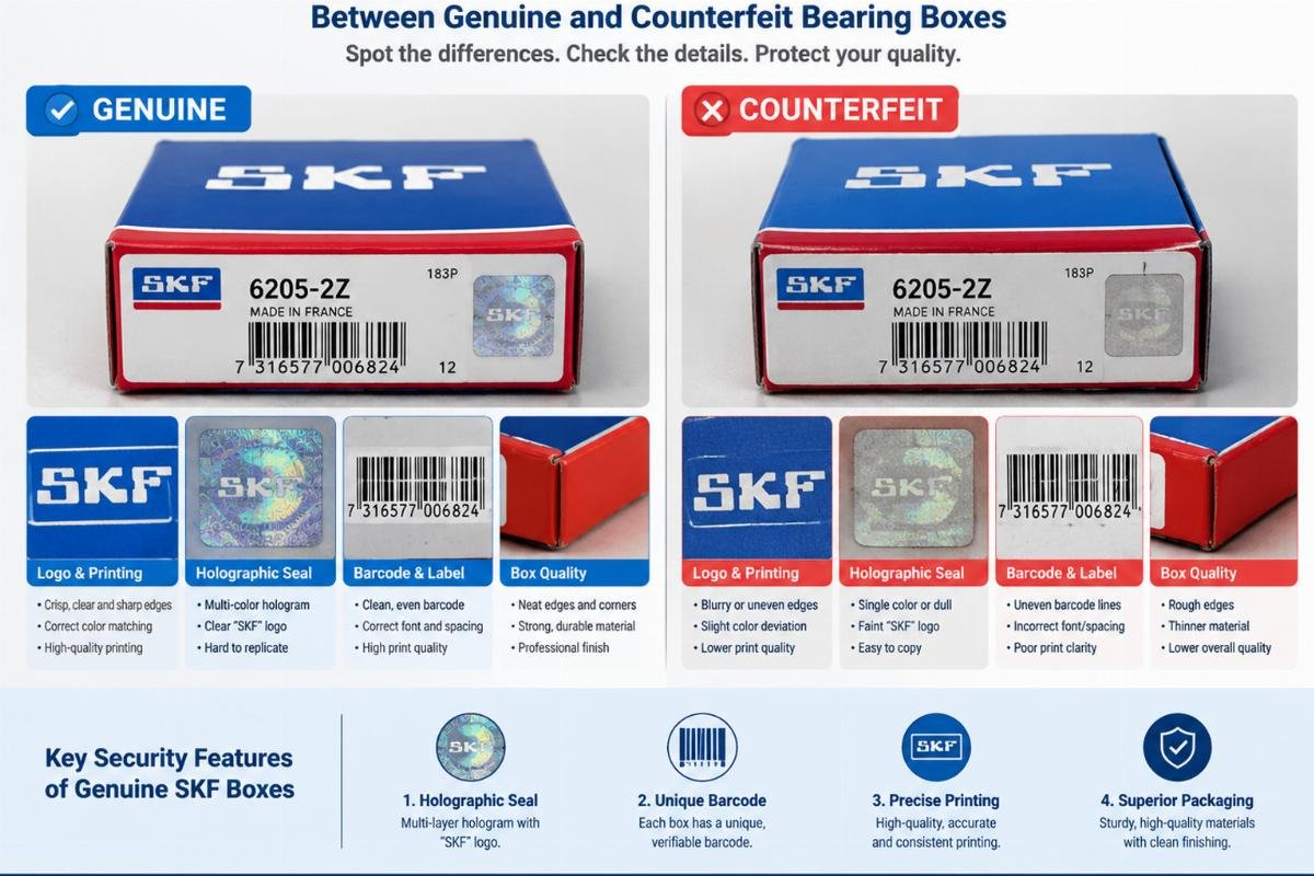 Comparison of packaging and labeling details between genuine and counterfeit bearing boxes, highlighting security features