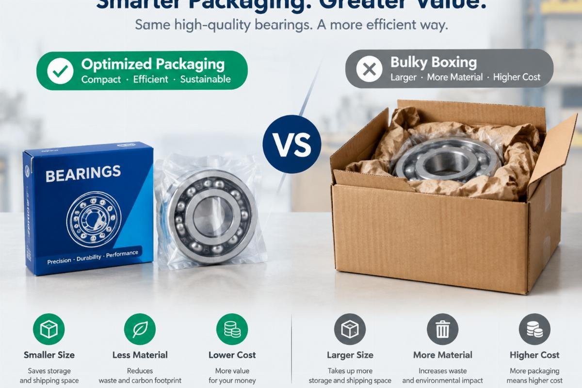 Comparison of packaging styles showing optimized vs. bulky boxing for bearings