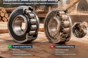 Comparison of sealed spherical roller bearings showing contamination ingress in dusty sawmill environments