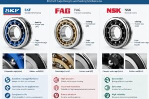 Comparison of SKF, FAG, and NSK ventilation fan bearings showing distinct cage designs and sealing mechanisms