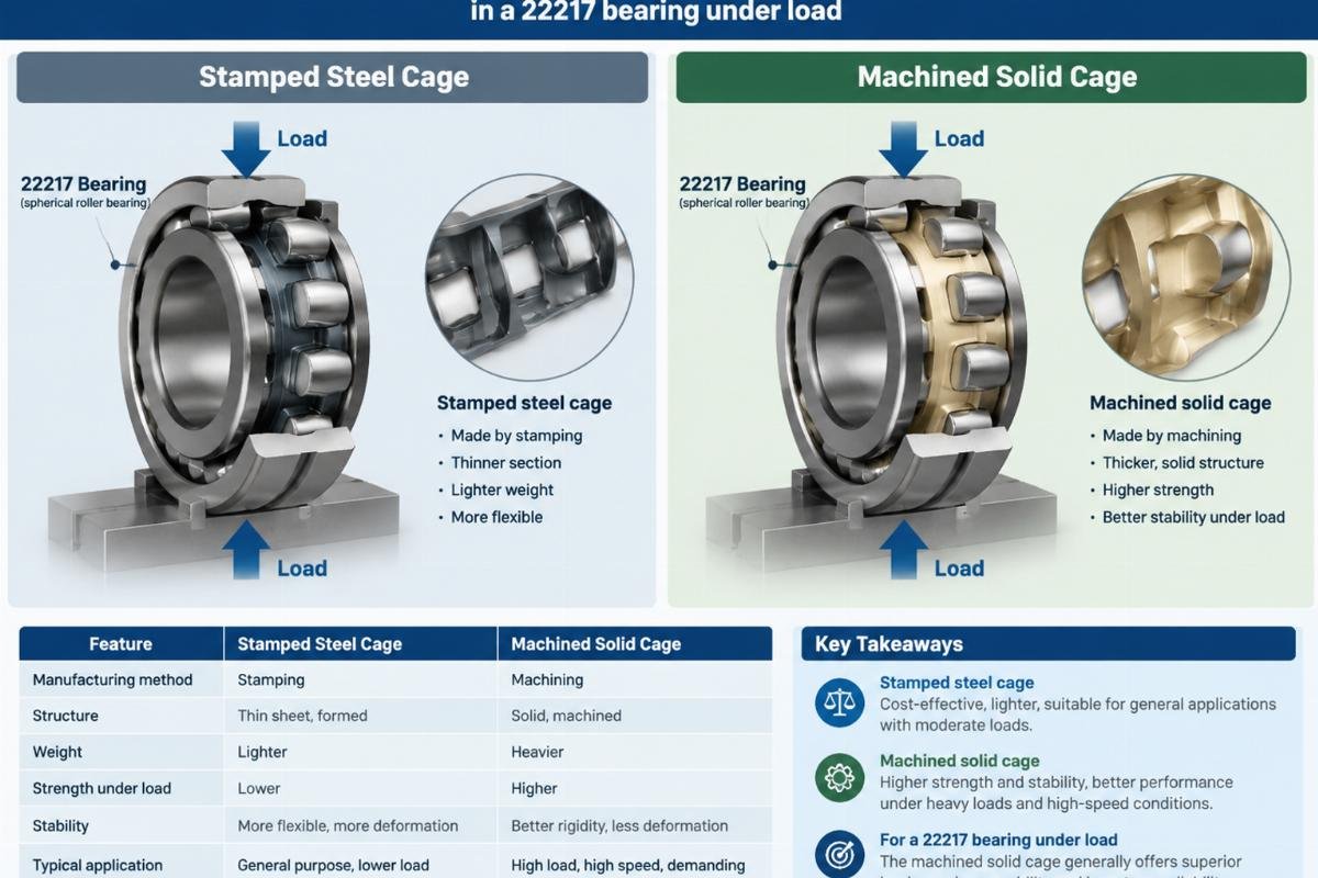 Comparison of stamped steel cage versus machined solid cage in a 22217 bearing under load