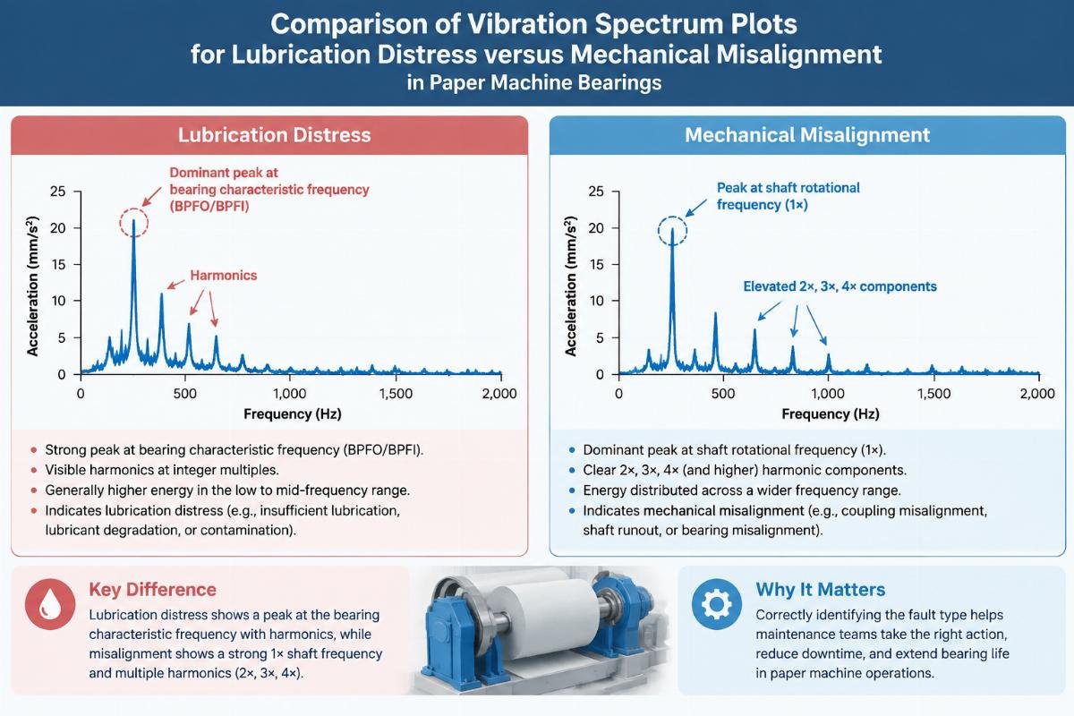 Comparison of vibration spectrum plots for lubrication distress versus mechanical misalignment in paper machine bearings