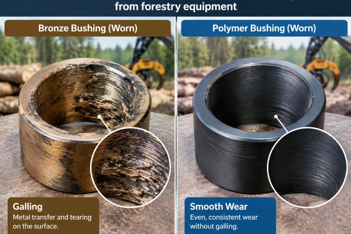 Comparison of worn bronze and polymer bushings from forestry equipment showing galling versus smooth wear