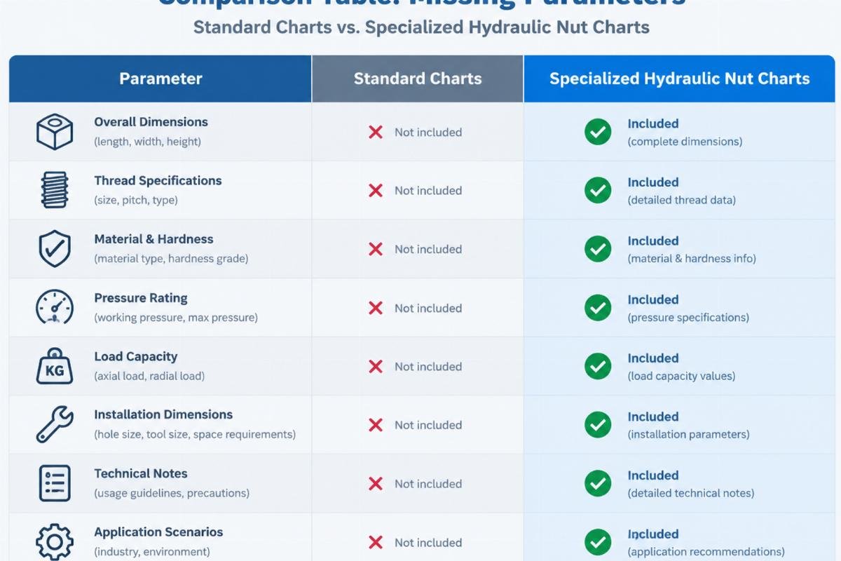 Comparison table visualizing the missing parameters in standard charts versus specialized hydraulic nut charts