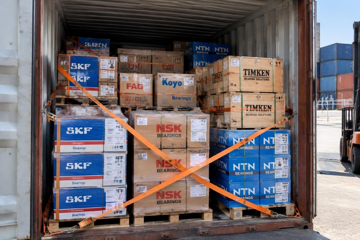 Container being loaded with mixed-brand bearing packages secured for international shipping