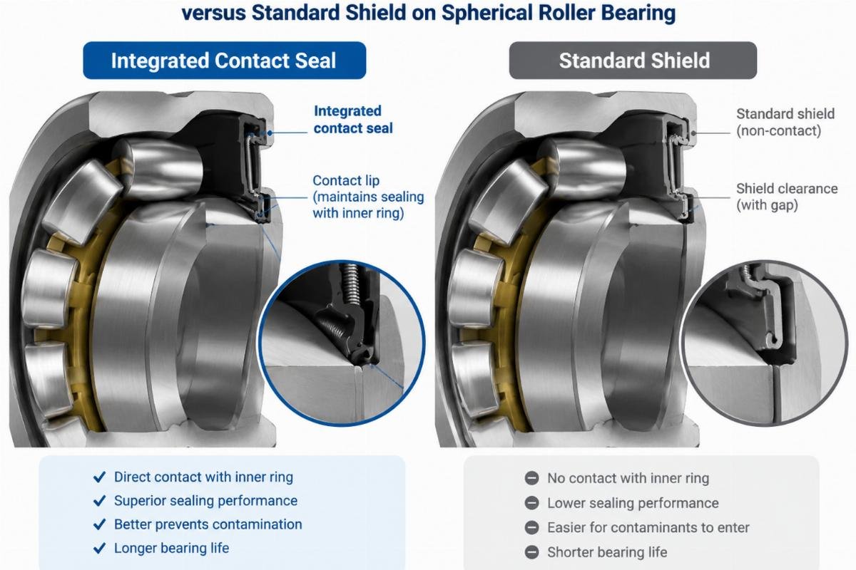 Cross-section comparison of integrated contact seal versus standard shield on spherical roller bearing