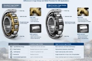Cross-section comparison of spherical roller bearings showing differences in cage design and roller precision for mill applications