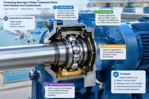 Cross-section diagram showing advanced sealing mechanisms in water treatment plant bearings protecting against moisture and contaminants