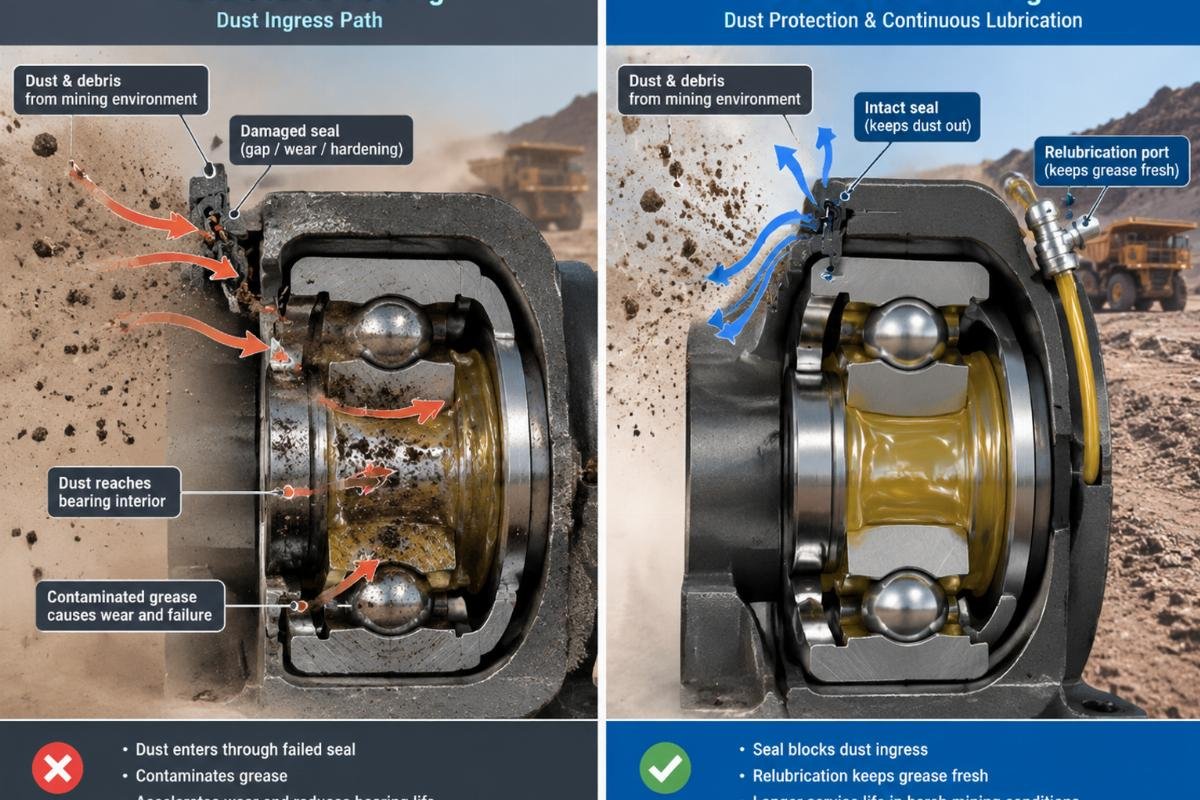 Cross-section diagram showing dust ingress path in a failed sealed bearing versus a relubricable bearing in a mining environment