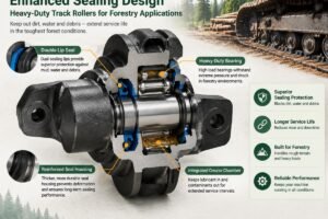 Cross-section diagram showing enhanced sealing design of heavy-duty track rollers for forestry applications