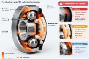 Cross-section diagram showing heat flow from bearing rings to NBR seal and polyamide cage, highlighting thermal weak points