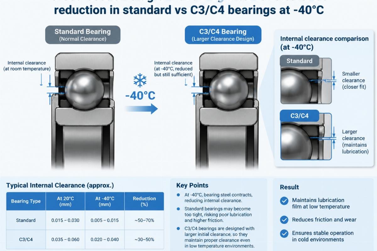 Cross-section diagram showing internal clearance reduction in standard vs C3/C4 bearings at -40°C