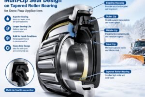 Cross-section diagram showing multi-lip seal design on a tapered roller bearing for snow plow applications