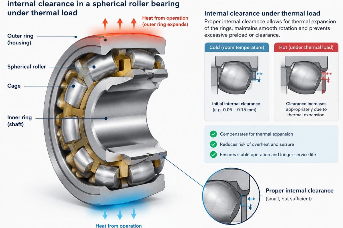 Cross-section diagram showing proper internal clearance in a spherical roller bearing under thermal load