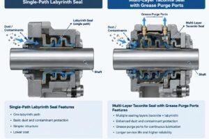 Cross-section diagram showing the difference between a single-path labyrinth seal and a multi-layer Taconite seal with grease purge ports