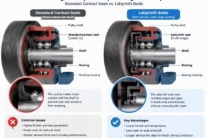 Cross-section diagram showing the difference between standard contact seals and labyrinth seals in a mining conveyor pulley bearing assembly