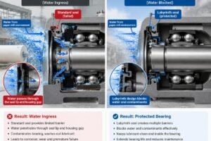 Cross-section diagram showing water ingress path through failed standard seal versus protected labyrinth seal in paper mill bearing application
