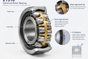 Cross-section view of a 21310 spherical roller bearing highlighting the brass cage structure and C3 clearance gap