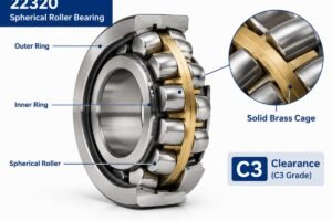 Cross-section view of a 22320 spherical roller bearing highlighting the solid brass cage and C3 clearance designation