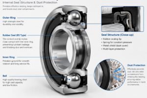 Cross-section view of a 6319 deep groove ball bearing showing internal seal structure and dust protection
