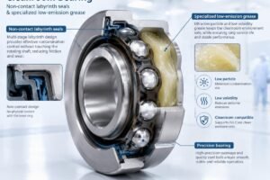 Cross-section view of a cleanroom bearing showing non-contact labyrinth seals and specialized low-emission grease