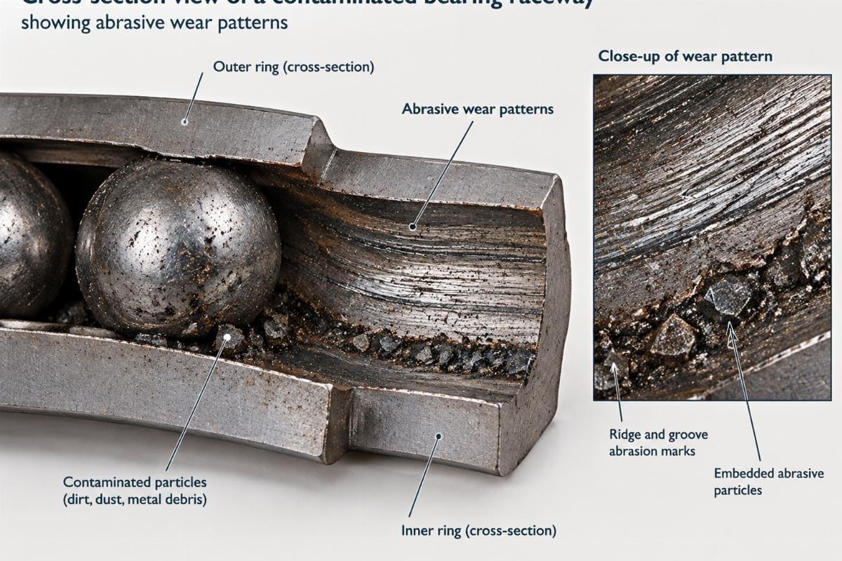Cross-section view of a contaminated bearing raceway showing abrasive wear patterns