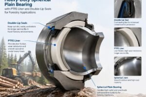 Cross-section view of a heavy-duty spherical plain bearing showing PTFE liner and double-lip seals for forestry applications