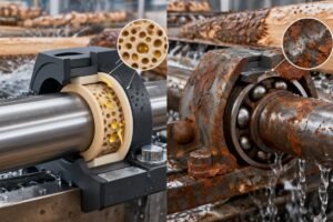 Cross-section view of a polymer bearing showing self-lubricating structure compared to a corroded steel bearing in wet wood handling