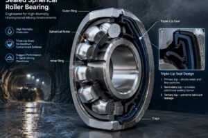 Cross-section view of a sealed spherical roller bearing designed for high-humidity underground mining environments showing triple-lip seals
