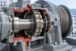 Cross-section view of a sealed spherical roller bearing installed in a heavy-duty marine winch housing