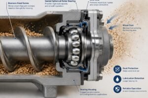 Cross-section view of a sealed spherical roller bearing installed in a biomass feed screw housing, showing protection against wood dust ingress