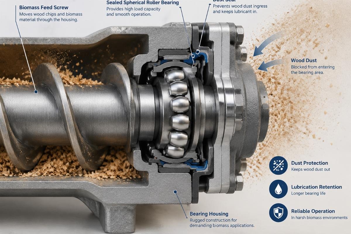 Cross-section view of a sealed spherical roller bearing installed in a biomass feed screw housing, showing protection against wood dust ingress