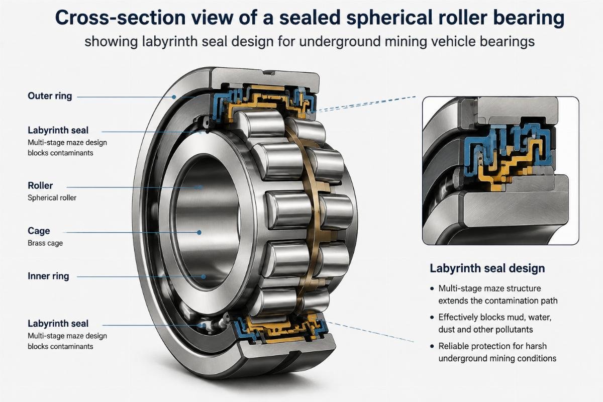 Cross-section view of a sealed spherical roller bearing showing labyrinth seal design for underground mining vehicle bearings