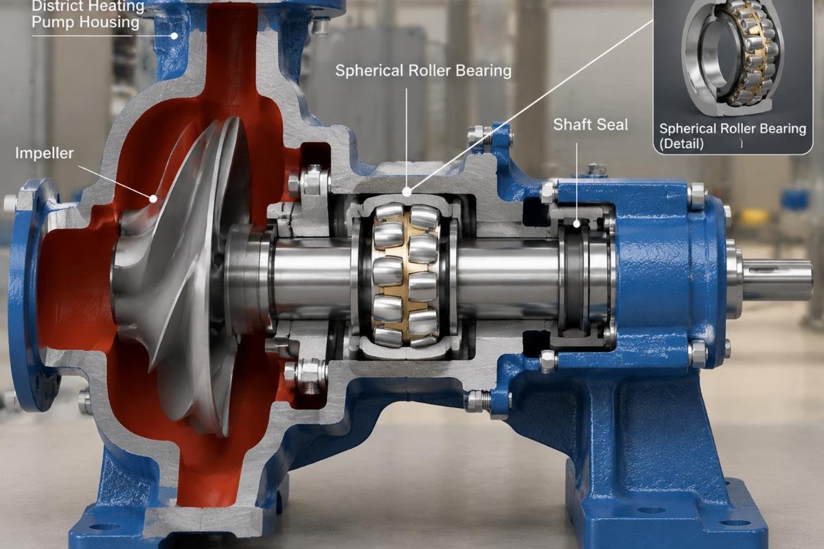 Cross-section view of a spherical roller bearing installed in a district heating pump housing