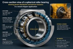 Cross-section view of a spherical roller bearing showing grease distribution and internal clearance in a wood chipper application