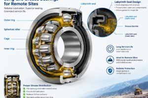 Cross-section view of a spherical roller bearing showing proper grease distribution and labyrinth seal design for Long-Life Grease Bearings for Remote Sites