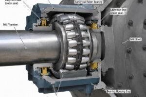Cross-section view of a spherical roller bearing with labyrinth seals installed in a SAG mill trunnion