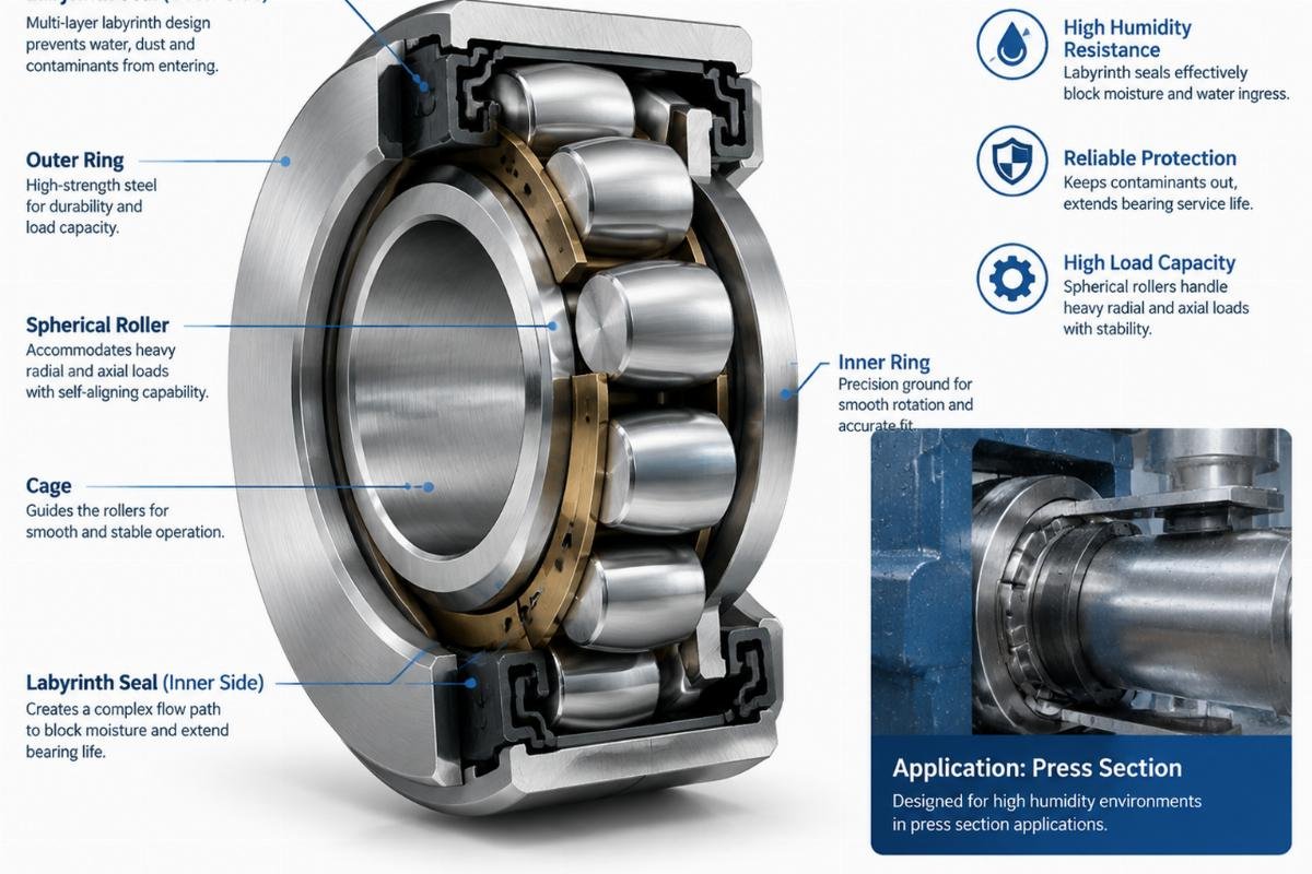 Cross-section view of a spherical roller bearing with labyrinth seals designed for high humidity press section applications